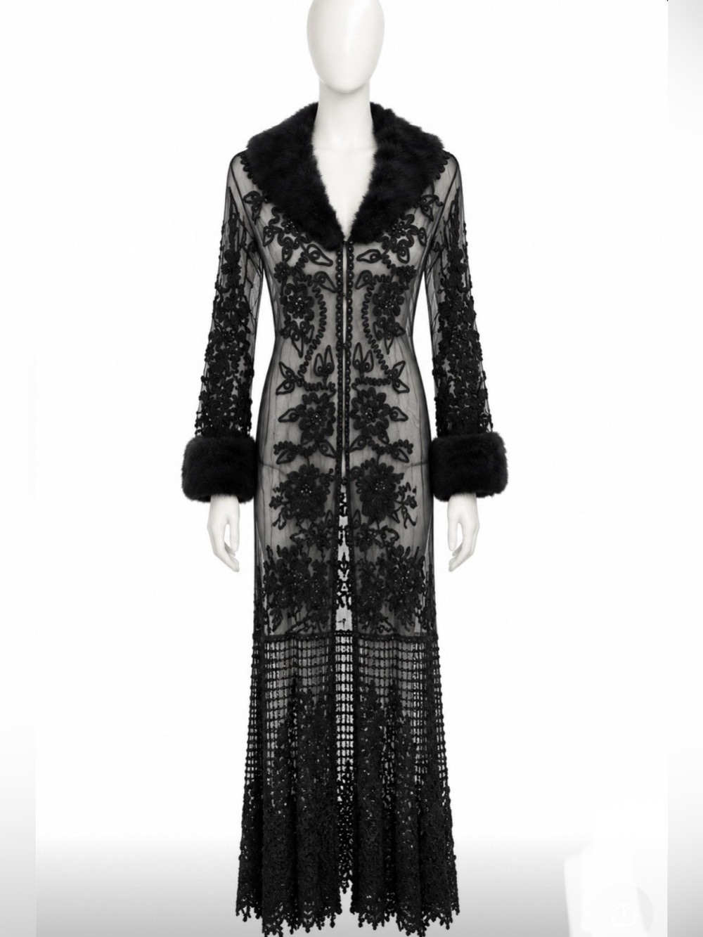 Sue Wong Vintage Crochet Beaded Embroidered Floral Mesh Faux Fur Black Duster